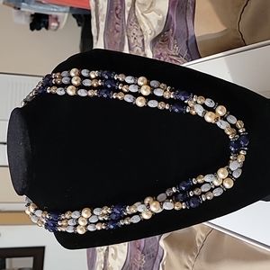 3 layer beaded necklace: pearl, blue, marble, silver beads, etc. Estate find.
